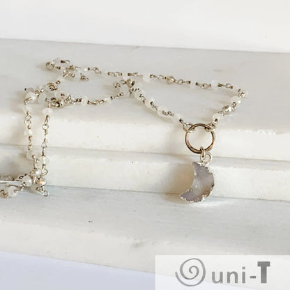 Druzy Quartz Mini Moon and Moonstone with Sterling Silver Circlet Necklace Regina McGearty