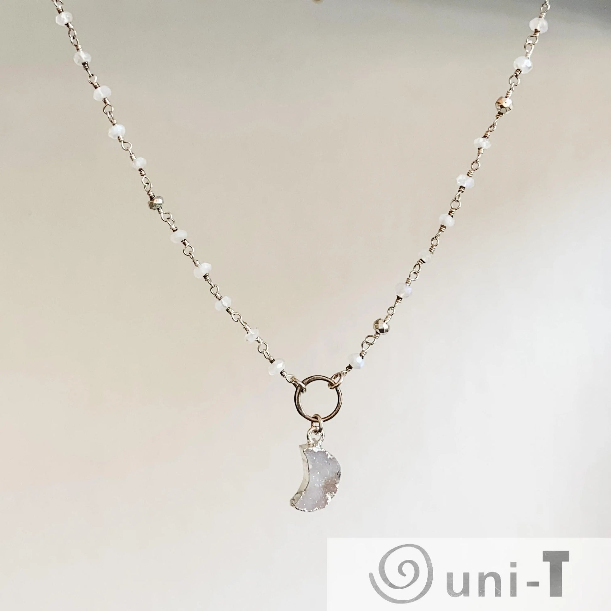 Druzy Quartz Mini Moon and Moonstone with Sterling Silver Circlet Necklace Regina McGearty