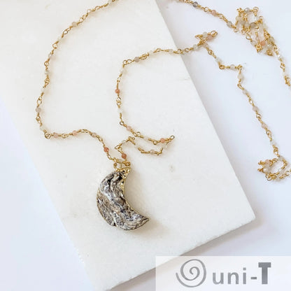 Druzy Quartz Natural Moon and Moonstone with 14K Gold Filled Necklace Regina McGearty
