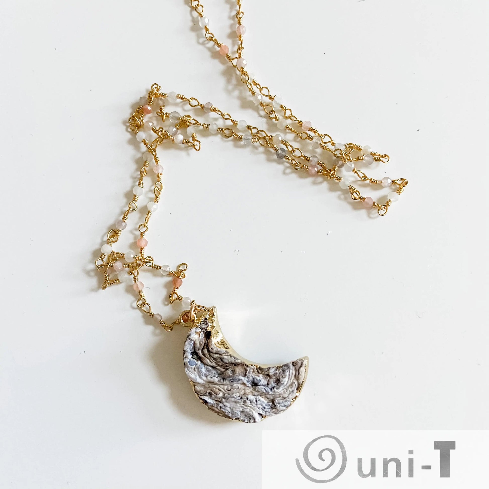 Druzy Quartz Natural Moon and Moonstone with 14K Gold Filled Necklace Regina McGearty