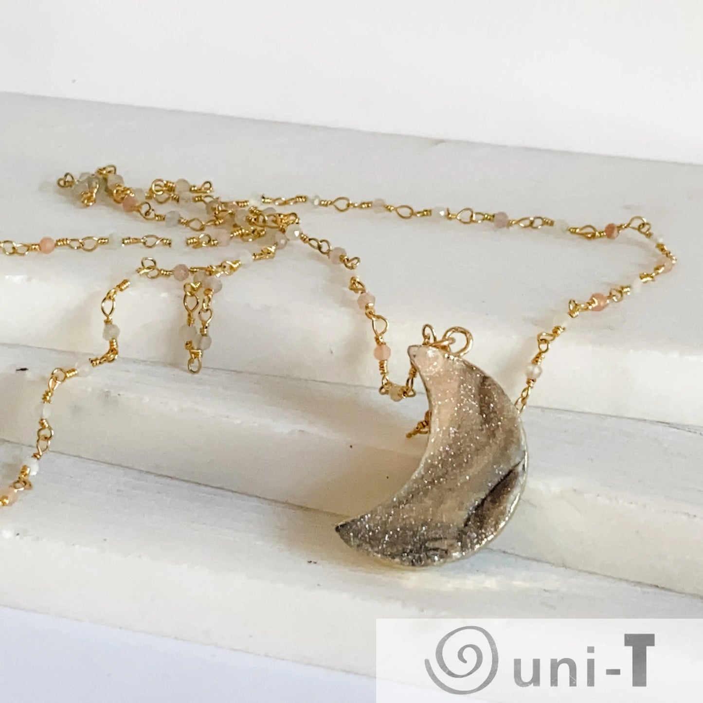 Druzy Quartz Natural Moon and Moonstone with 14K Gold Filled Necklace Regina McGearty