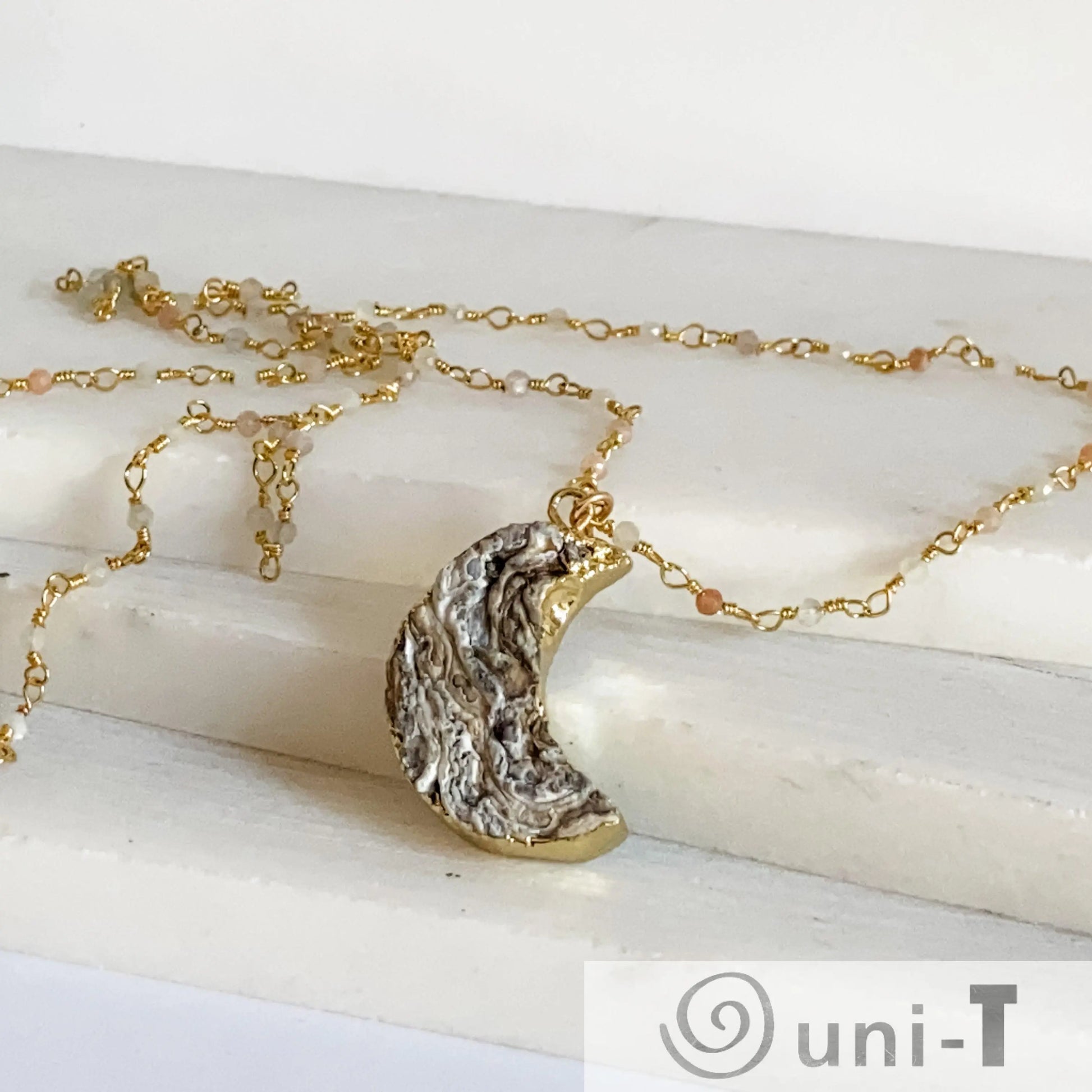 Druzy Quartz Natural Moon and Moonstone with 14K Gold Filled Necklace Regina McGearty