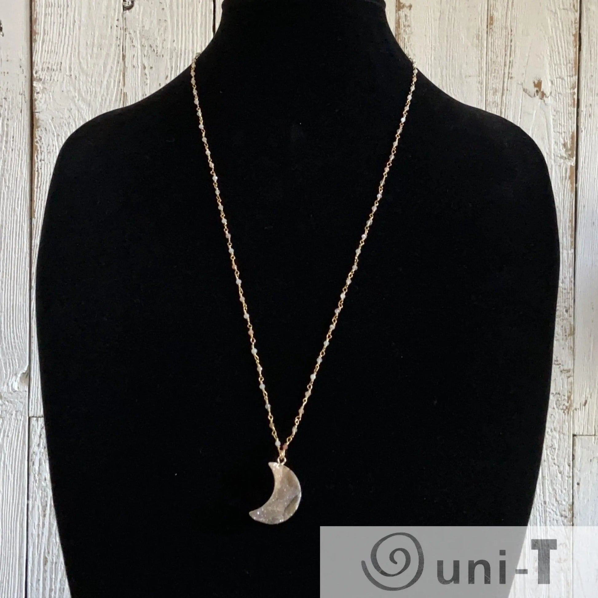 Druzy Quartz Natural Moon and Moonstone with 14K Gold Filled Necklace Regina McGearty
