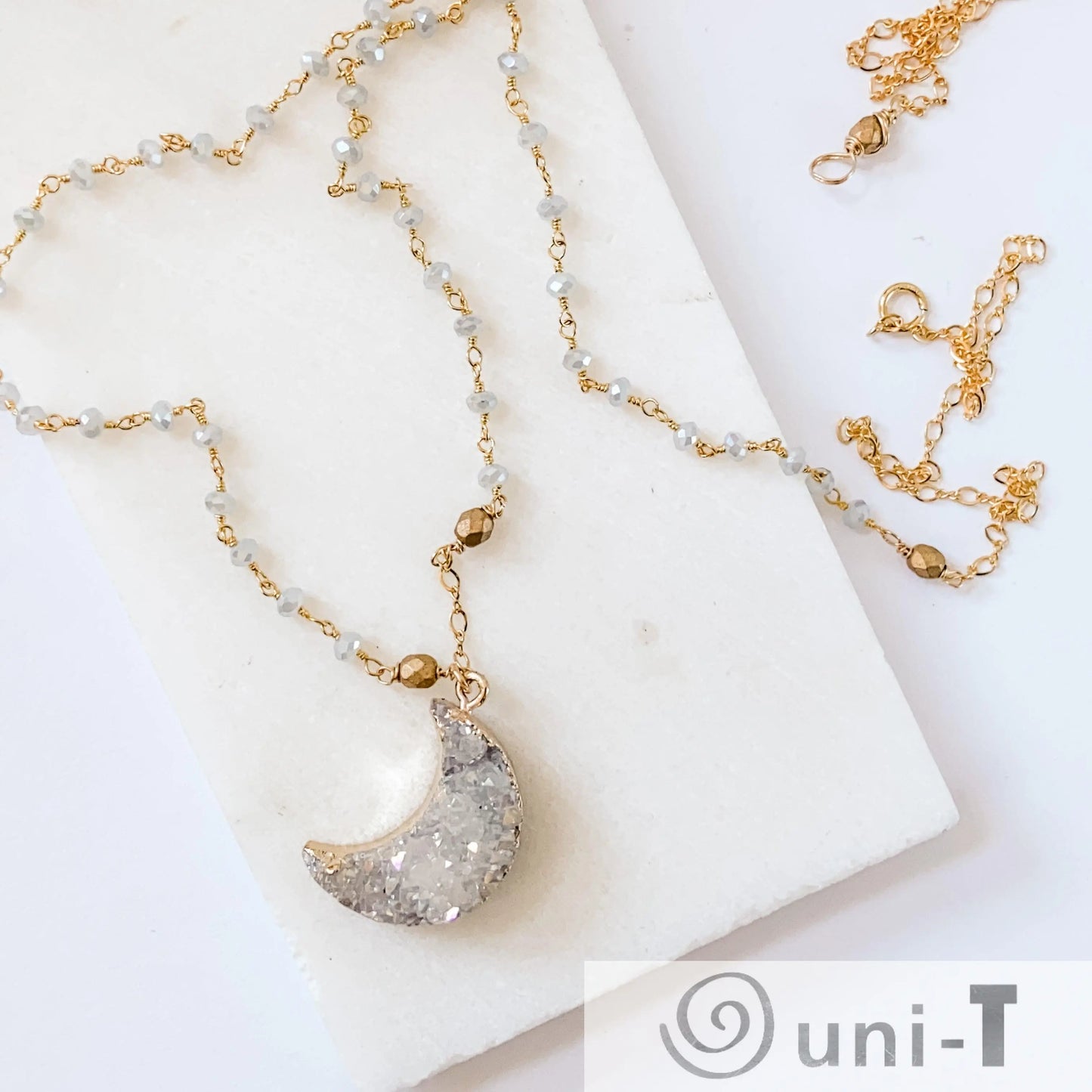 Druzy Quartz Natural Moon, Gray Jade and Brass with 14K Gold Filled Necklace Regina McGearty