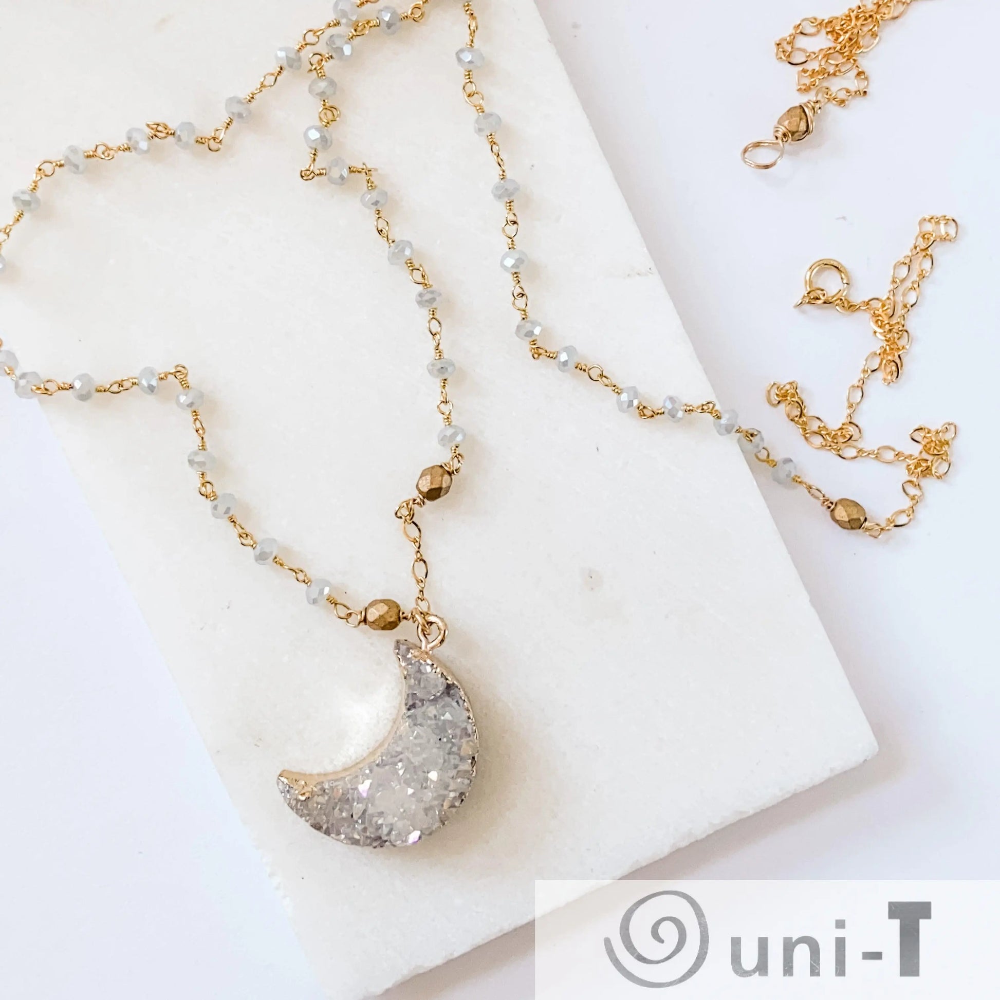 Druzy Quartz Natural Moon, Gray Jade and Brass with 14K Gold Filled Necklace Regina McGearty