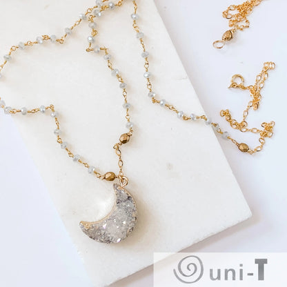 Druzy Quartz Natural Moon, Gray Jade and Brass with 14K Gold Filled Necklace Regina McGearty