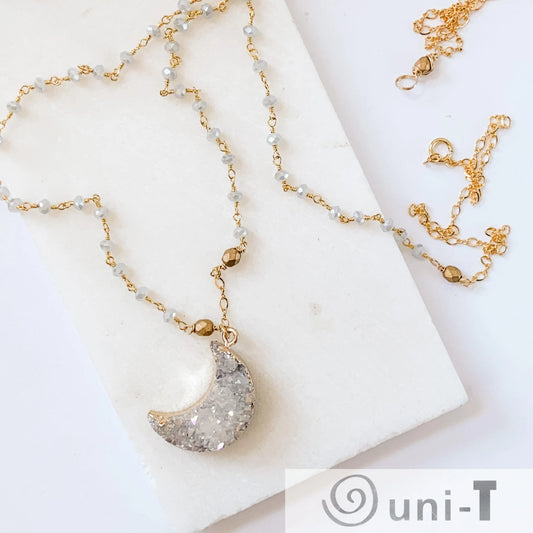 Druzy Quartz Natural Moon, Gray Jade and Brass with 14K Gold Filled Necklace Regina McGearty