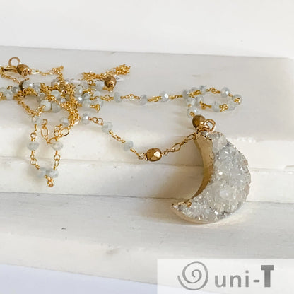 Druzy Quartz Natural Moon, Gray Jade and Brass with 14K Gold Filled Necklace Regina McGearty