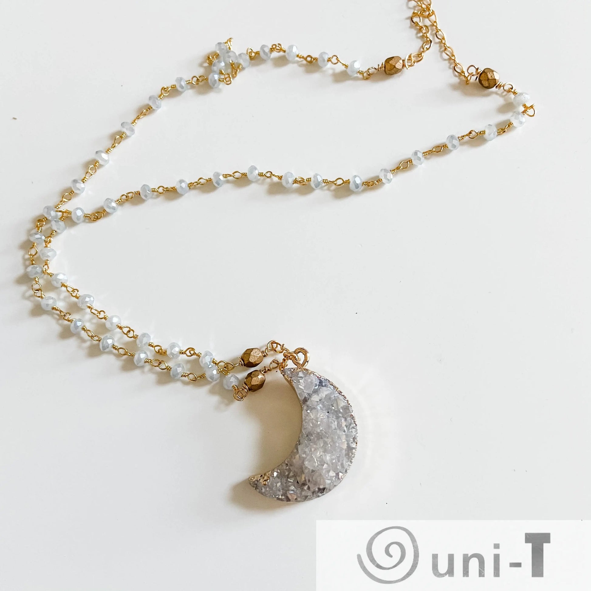 Druzy Quartz Natural Moon, Gray Jade and Brass with 14K Gold Filled Necklace Regina McGearty