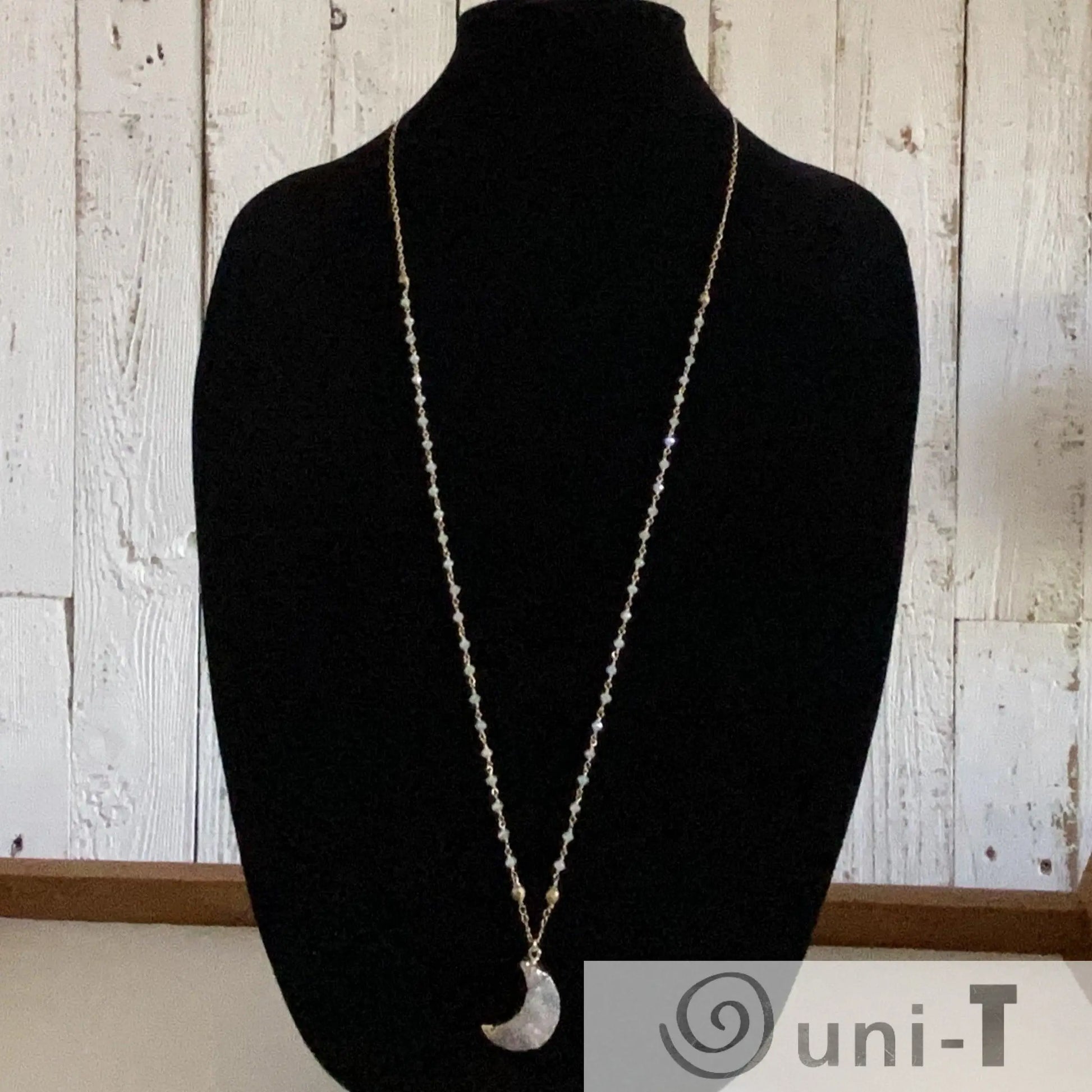 Druzy Quartz Natural Moon, Gray Jade and Brass with 14K Gold Filled Necklace Regina McGearty