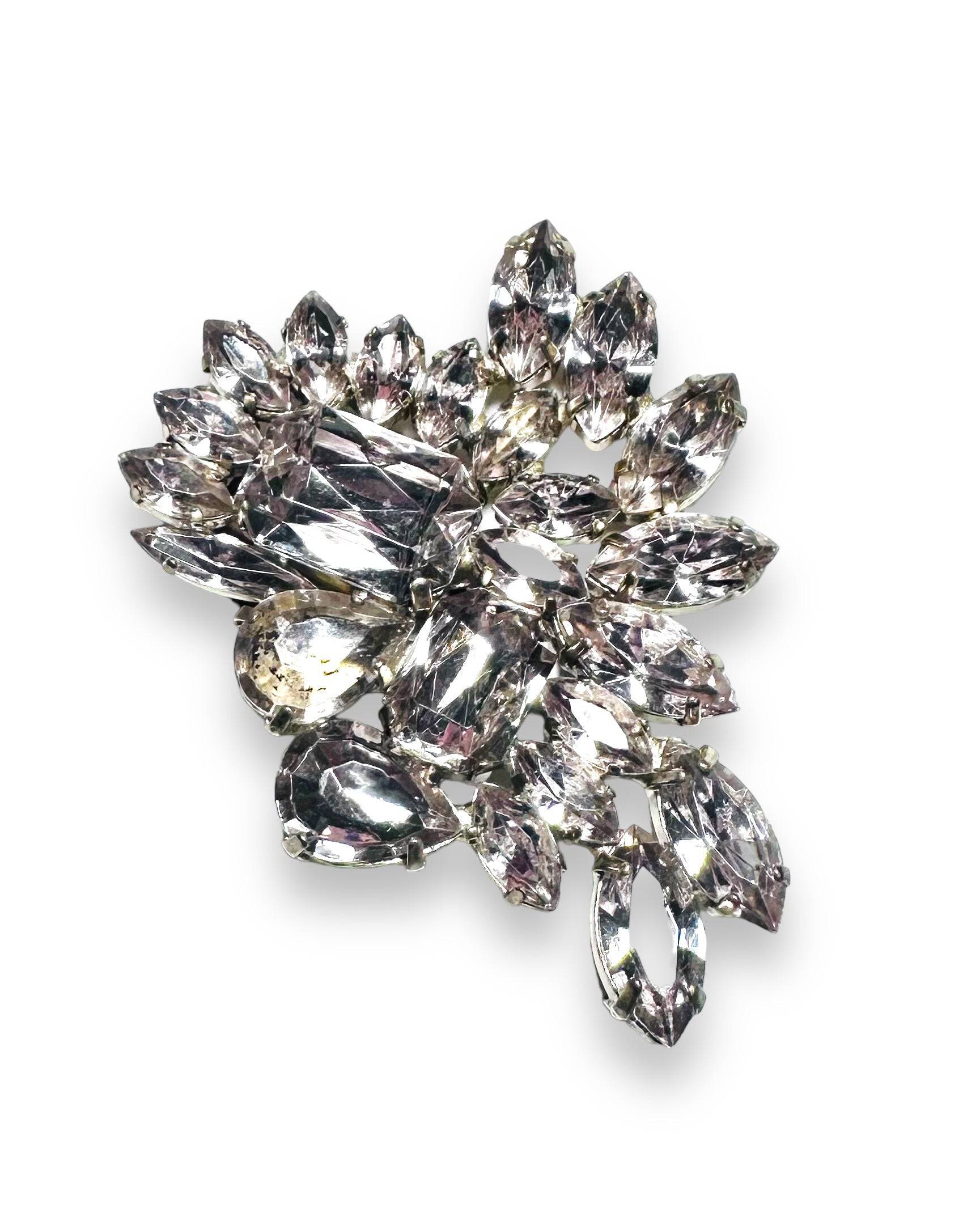 Floral cluster Uni-T magnet brooch with clear crystals, handcrafted for secure wear on delicate fabrics without piercing.