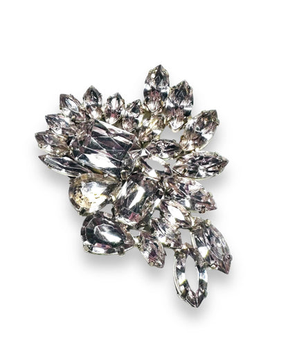 Floral cluster Uni-T magnet brooch with clear crystals, handcrafted for secure wear on delicate fabrics without piercing.