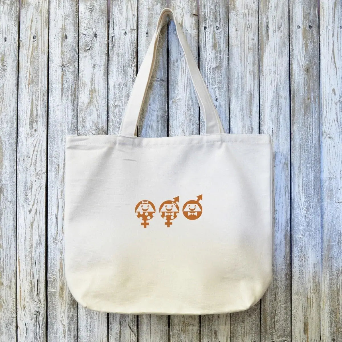 Organic Tote Bag - Equal Rights Design featuring artist-drawn gender symbols in brown ink on eco-friendly canvas. Durable and ideal for advocacy use.