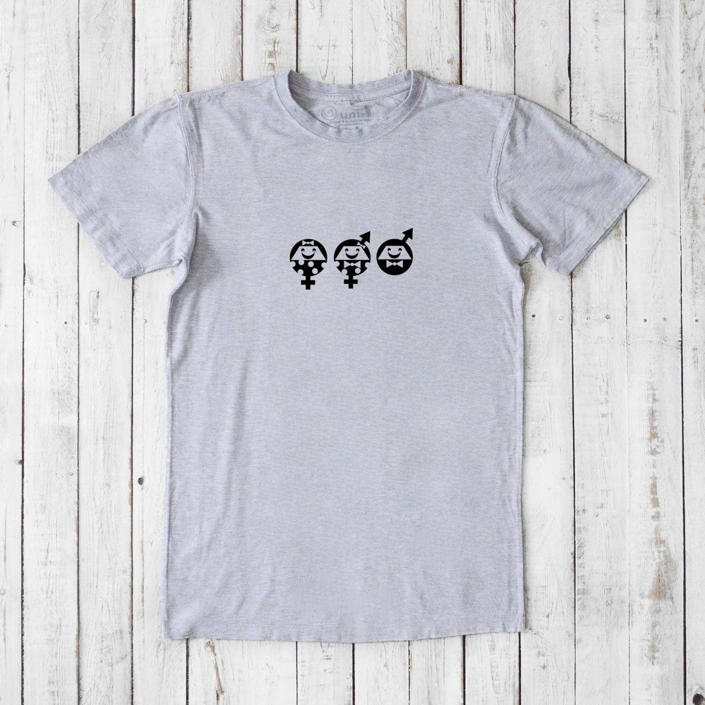 Light grey Men's Equality T-Shirt made from bamboo and organic cotton, featuring black gender symbols for a social justice statement.