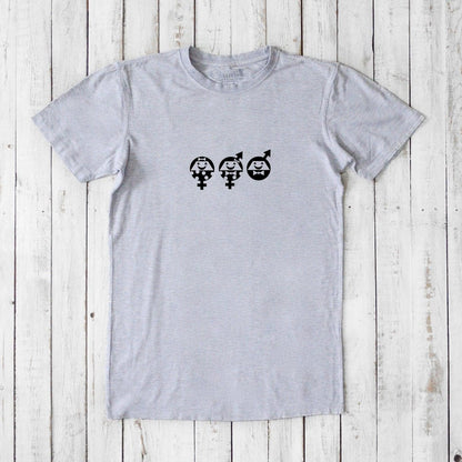 Light grey Men's Equality T-Shirt made from bamboo and organic cotton, featuring black gender symbols for a social justice statement.