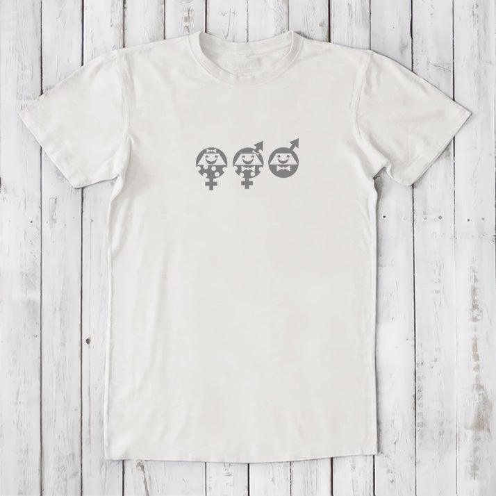 White bamboo and organic cotton Men's Equality T-Shirt with grey gender equality icons, ideal gift for allies supporting human rights.