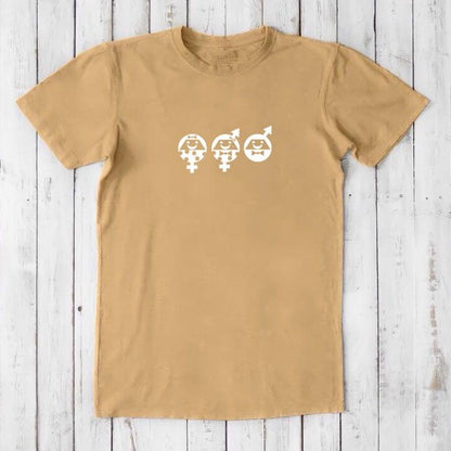 Mustard-yellow Men's Equality T-Shirt in sustainable fabric with white gender equality graphic, perfect for social justice supporters.