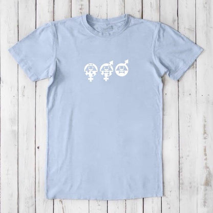 Light blue Men's Equality T-Shirt made from eco-friendly bamboo and cotton, with white gender symbols for a unity and fairness message.
