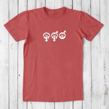 Red Men's Equality T-Shirt in sustainable fabric with white gender equality graphic, a bold statement for social justice and unity.