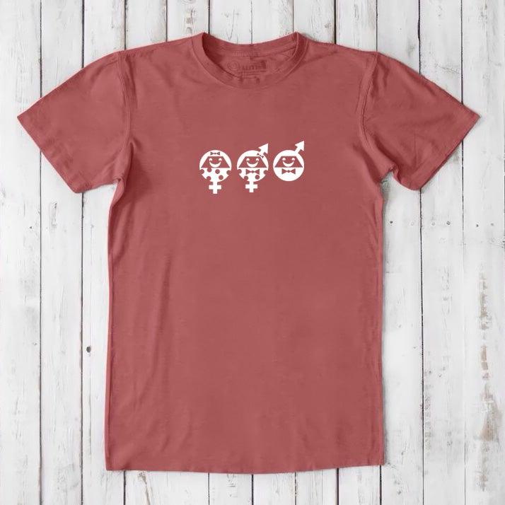 Red clay Men's Equality T-Shirt made from bamboo and organic cotton, featuring white gender icons for a powerful equality message.