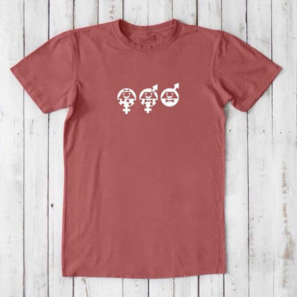 Red clay Men's Equality T-Shirt made from bamboo and organic cotton, featuring white gender icons for a powerful equality message.