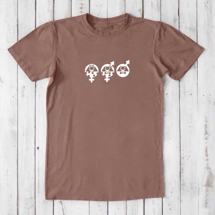 Brown Men's Equality T-Shirt in eco-conscious bamboo and cotton blend, with white gender equality graphic supporting human rights.