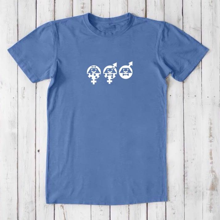 Ocean blue Men's Equality T-Shirt made from bamboo and organic cotton, with white gender symbols representing fairness and unity.