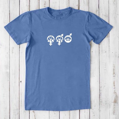 Ocean blue Men's Equality T-Shirt made from bamboo and organic cotton, with white gender symbols representing fairness and unity.