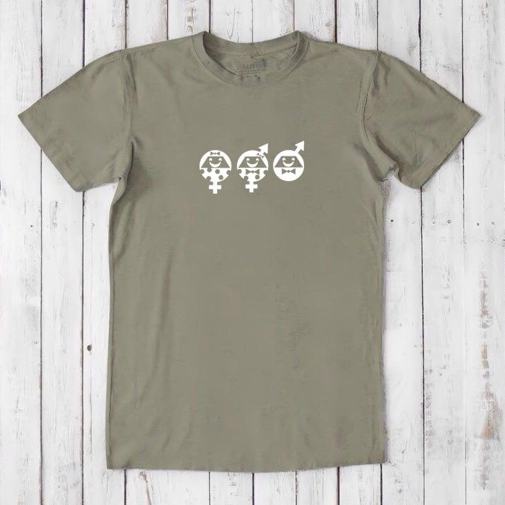 Olive green Men's Equality T-Shirt in sustainable bamboo and cotton fabric, featuring white gender icons for a social justice statement.