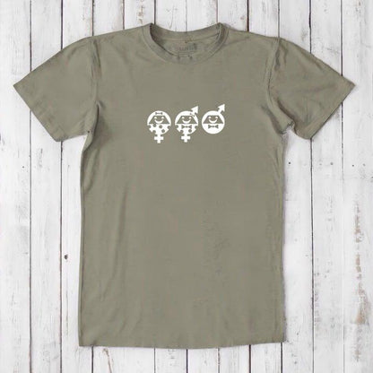 Olive green Men's Equality T-Shirt in sustainable bamboo and cotton fabric, featuring white gender icons for a social justice statement.