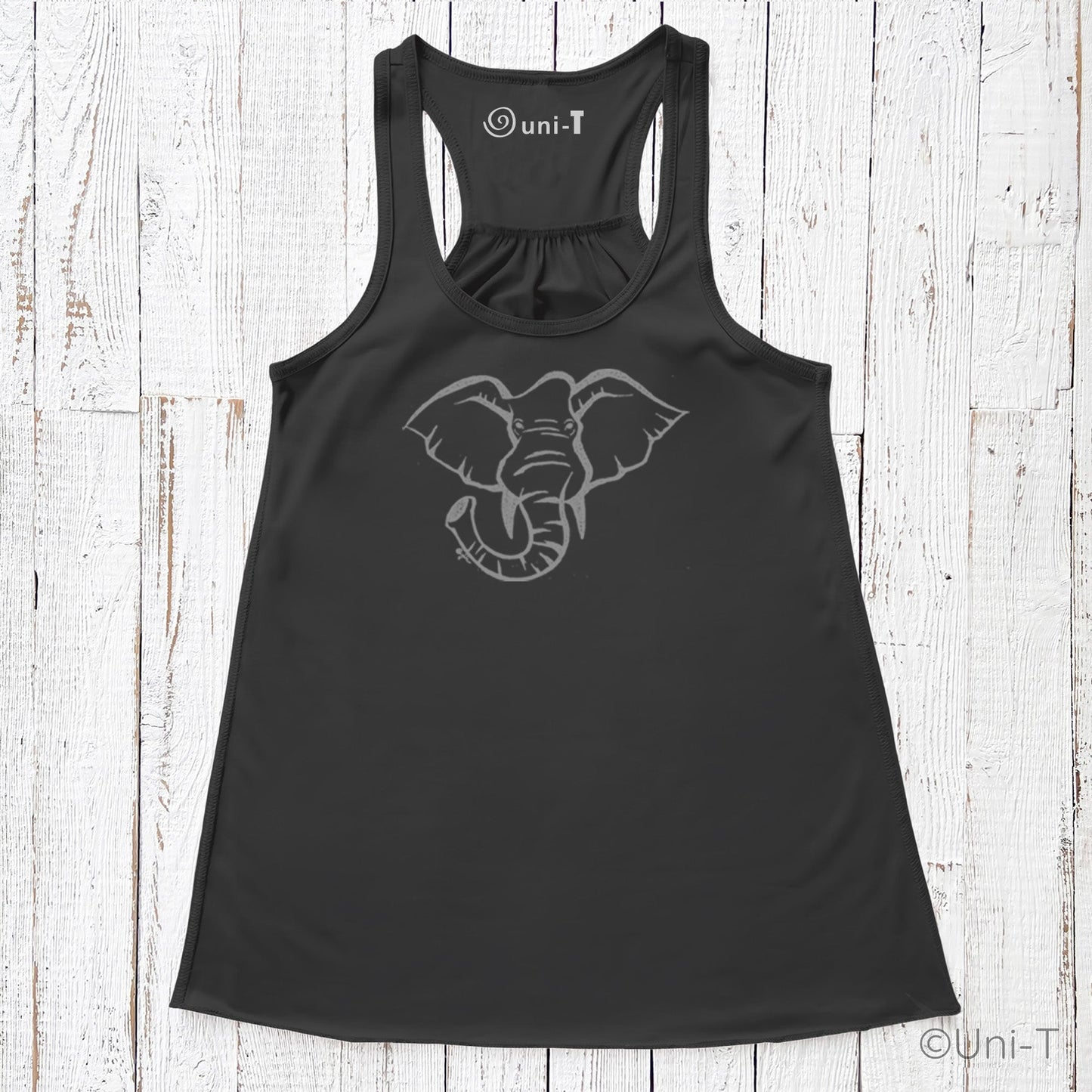 Black elephant tank top for women with eco-friendly hand-printed design. Flowy racerback style supports wildlife conservation awareness.