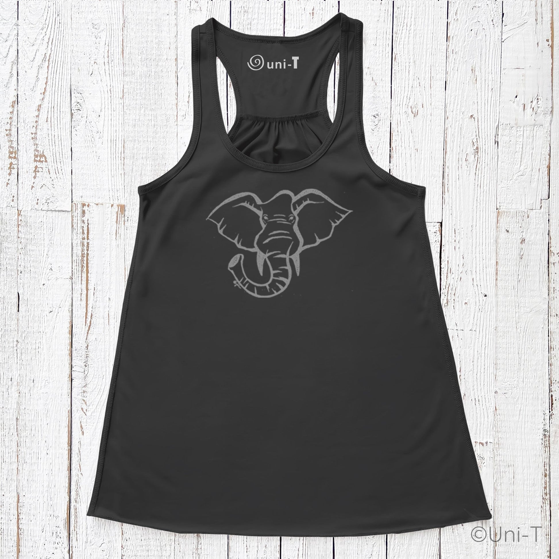Black elephant tank top for women with eco-friendly hand-printed design. Flowy racerback style supports wildlife conservation awareness.