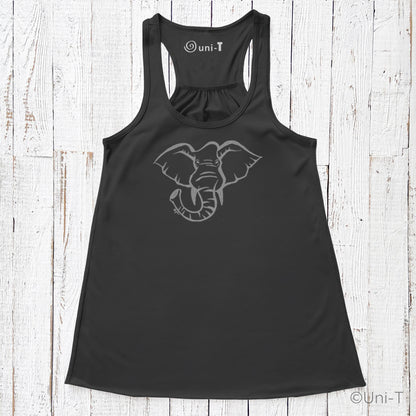 Black elephant tank top for women with eco-friendly hand-printed design. Flowy racerback style supports wildlife conservation awareness.