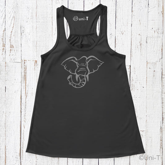 Black elephant tank top for women with eco-friendly hand-printed design. Flowy racerback style supports wildlife conservation awareness.