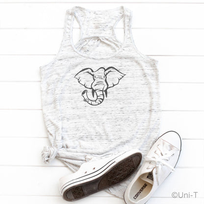 White speckled elephant tank top styled with sneakers. Soft poly-viscose fabric promotes elephant conservation and animal protection.
