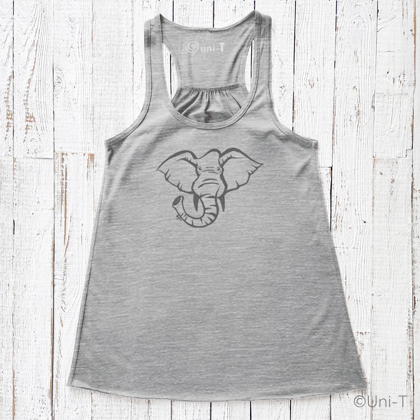 Heather gray elephant tank top for women featuring a hand-printed elephant graphic. Eco-conscious apparel supporting endangered species.