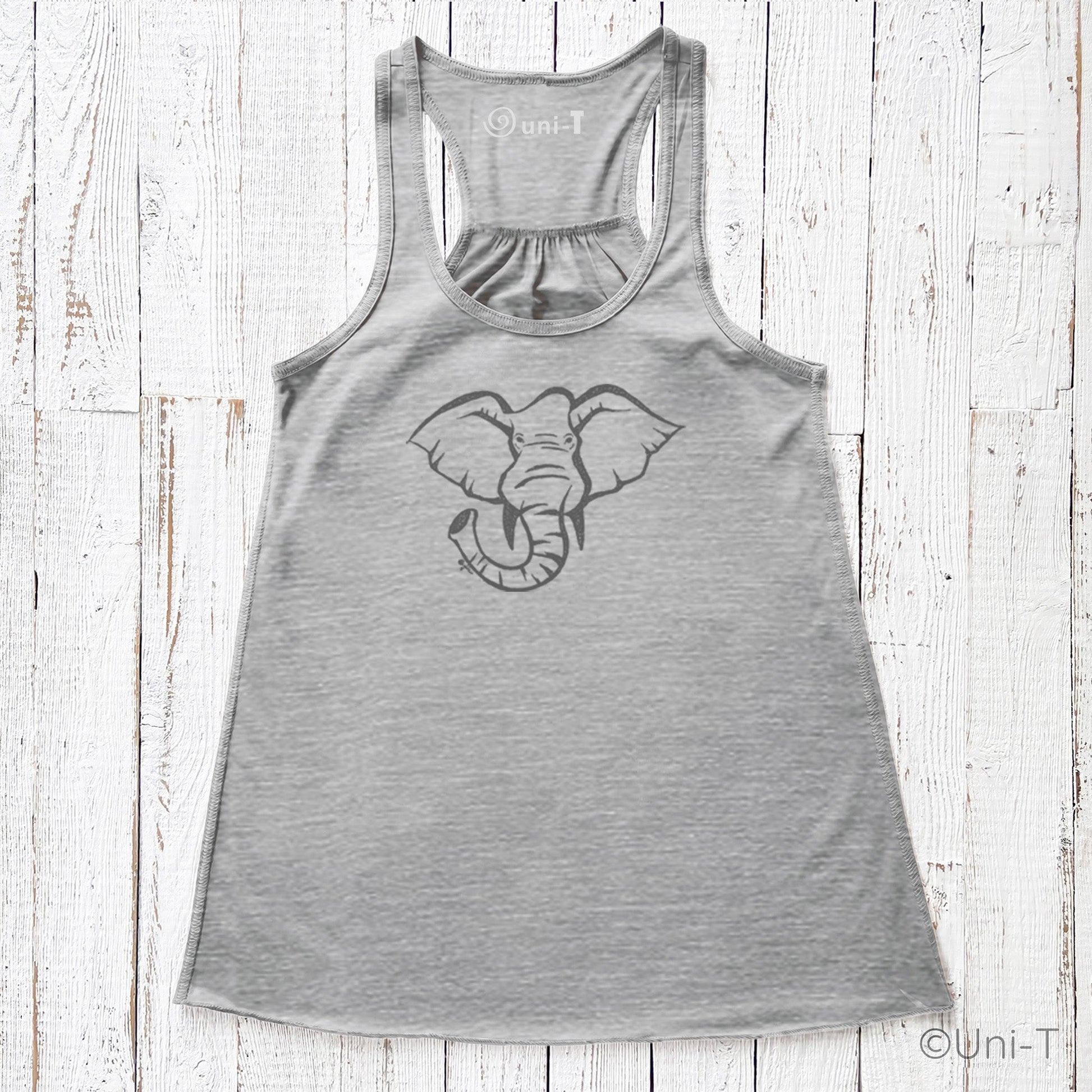 Heather gray elephant tank top for women featuring a hand-printed elephant graphic. Eco-conscious apparel supporting endangered species.