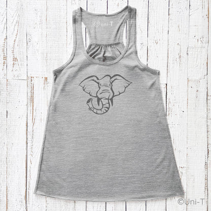 Heather gray elephant tank top for women featuring a hand-printed elephant graphic. Eco-conscious apparel supporting endangered species.
