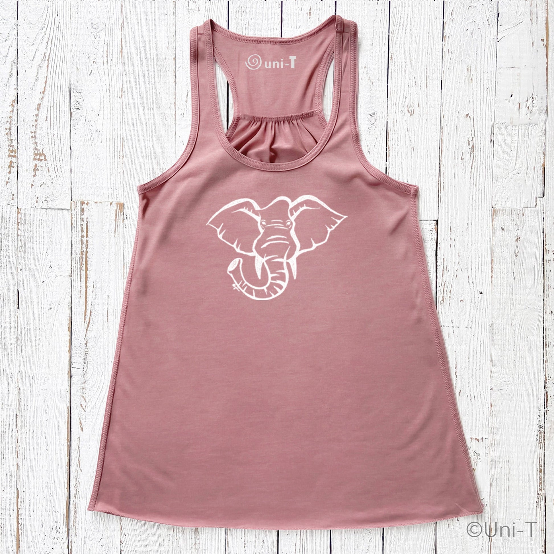 Rose pink elephant tank top with white conservation-themed print. Lightweight and sustainable tank top for wildlife advocates.