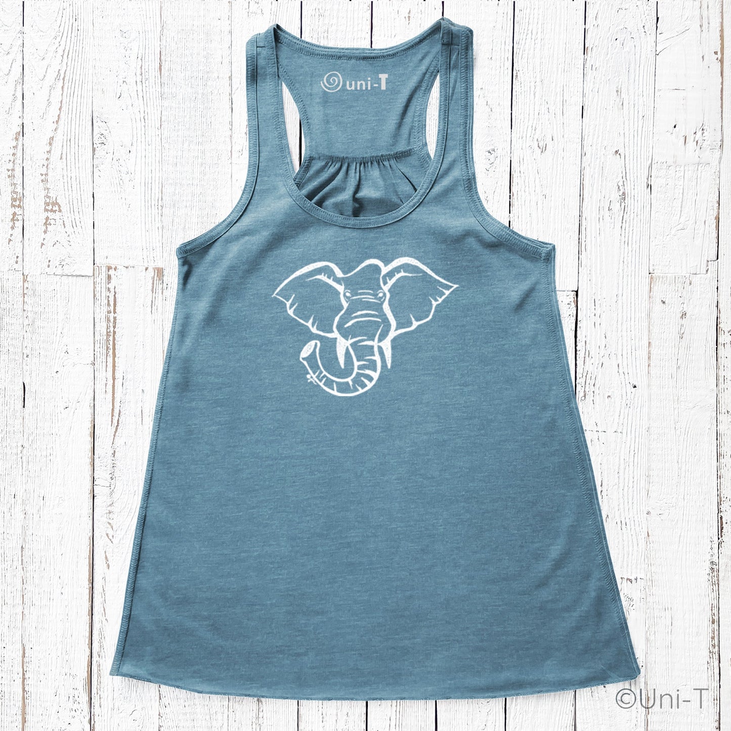 Blue elephant tank top for women with white ink design. Eco-friendly racerback top promoting elephant and wildlife conservation.