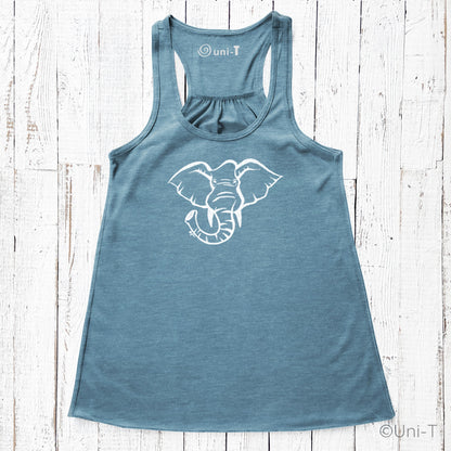 Blue elephant tank top for women with white ink design. Eco-friendly racerback top promoting elephant and wildlife conservation.