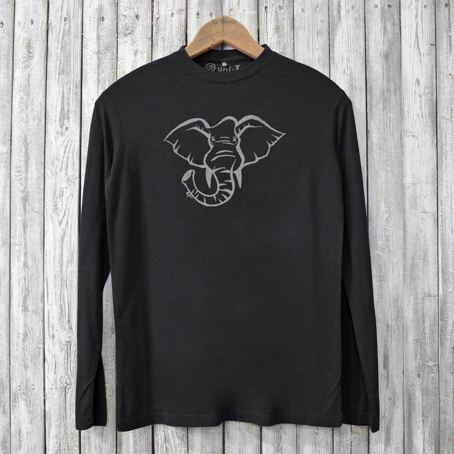 Men's Elephant Long Sleeve T-Shirt in black made from eco-friendly bamboo and organic cotton. Features minimalist elephant graphic for wildlife lovers.