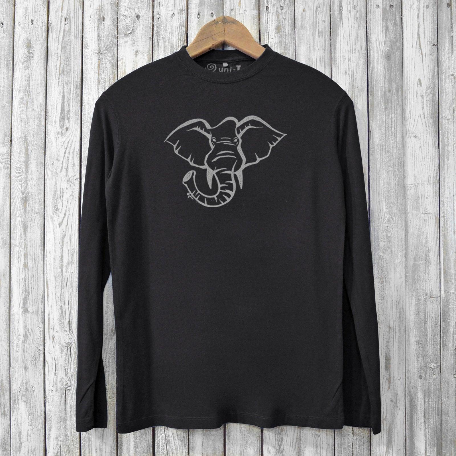 Men's Elephant Long Sleeve T-Shirt in black made from eco-friendly bamboo and organic cotton. Features minimalist elephant graphic for wildlife lovers.