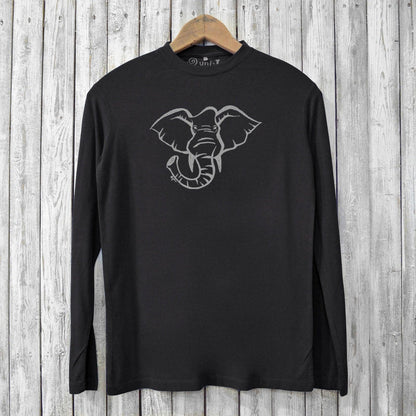 Men's Elephant Long Sleeve T-Shirt in black made from eco-friendly bamboo and organic cotton. Features minimalist elephant graphic for wildlife lovers.