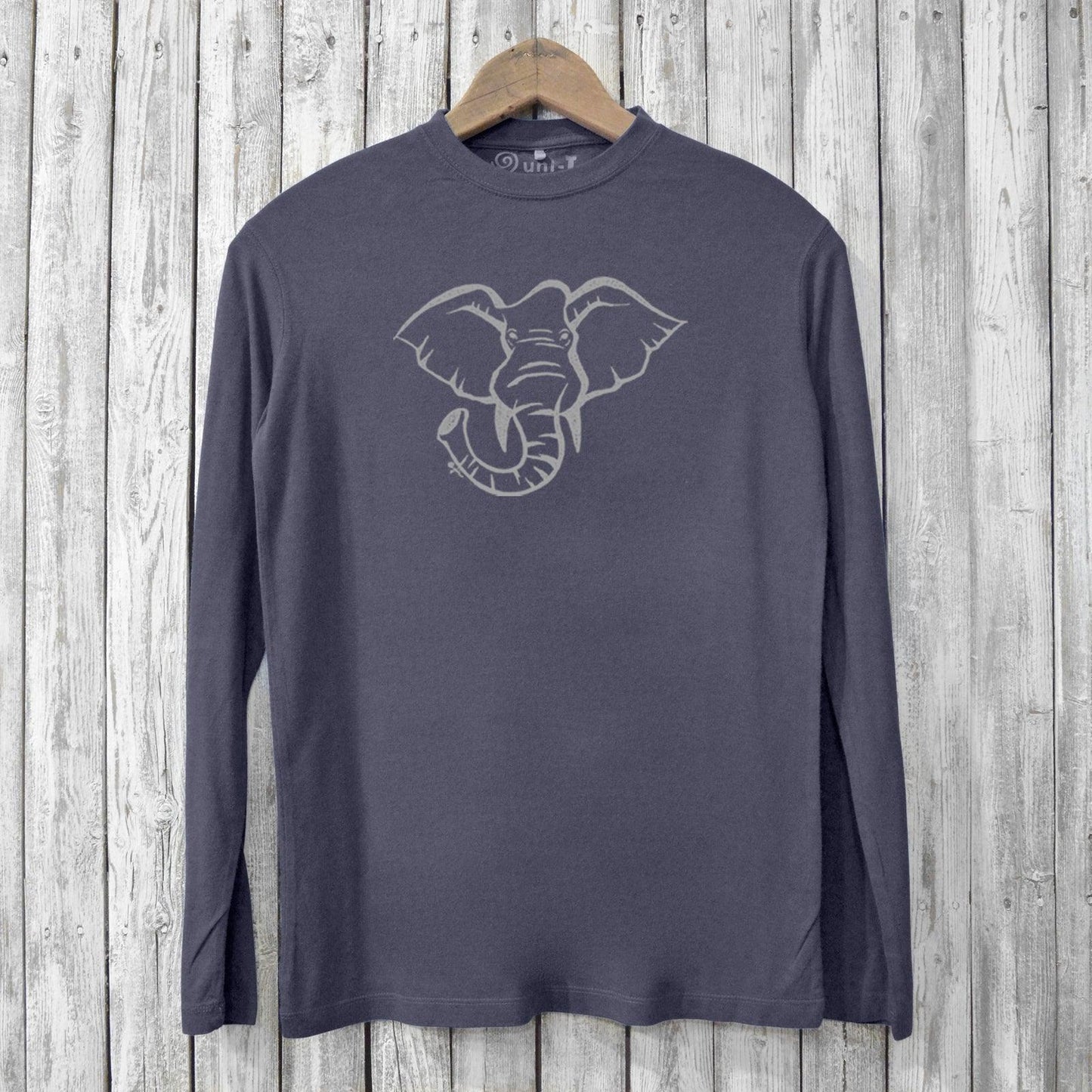 Eco-friendly Men's Elephant Long Sleeve T-Shirt in charcoal grey with a subtle elephant graphic. Made from bamboo and organic cotton for comfort.