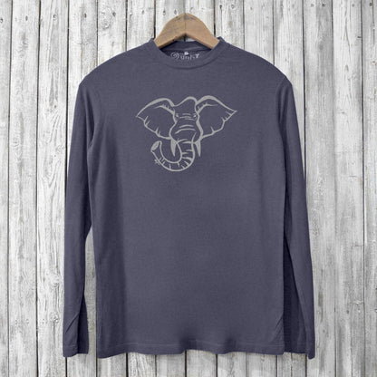 Eco-friendly Men's Elephant Long Sleeve T-Shirt in charcoal grey with a subtle elephant graphic. Made from bamboo and organic cotton for comfort.