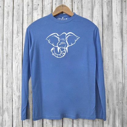 Sustainable Men's Elephant Long Sleeve T-Shirt in blue with bold white elephant graphic. Crafted from bamboo and organic cotton for eco-conscious style.