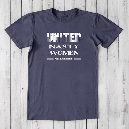Men's statement T-shirt in bamboo & organic cotton with 'United Nasty Women of America' graphic in white on charcoal gray. Feminist ally gift tee.