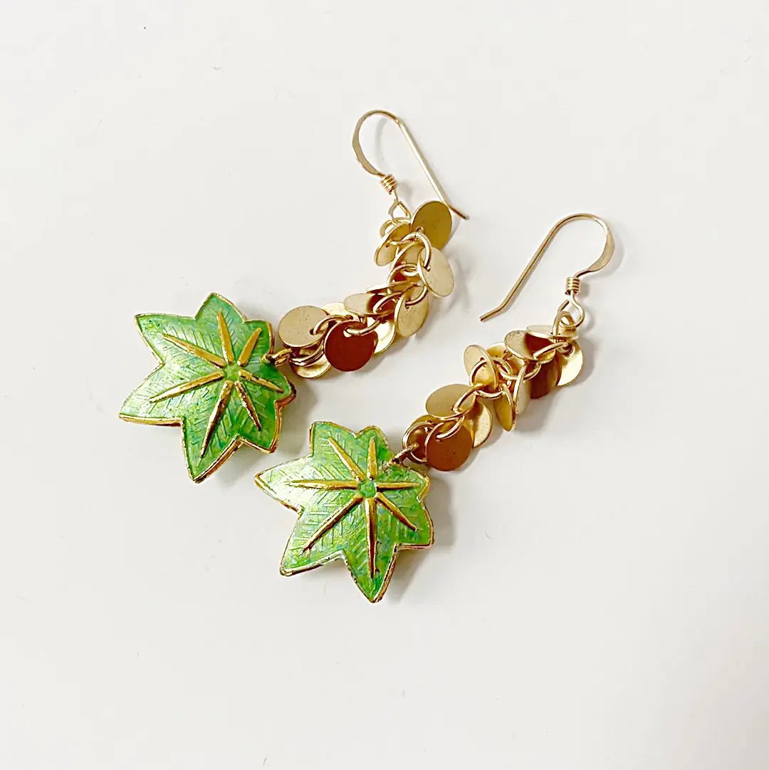 Enamel Leaves, Dot Fringe 14K Gold Fill Earrings Regina McGearty