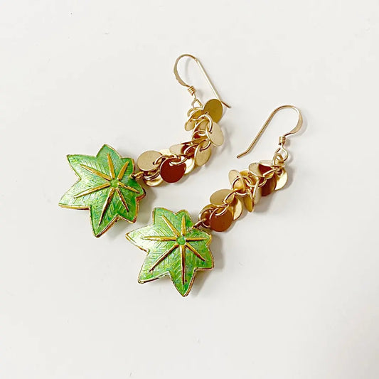 Enamel Leaves, Dot Fringe 14K Gold Fill Earrings Regina McGearty